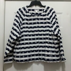 3/$15 CJ Banks cotton blend size 1X navy/white jacket, geometric print.